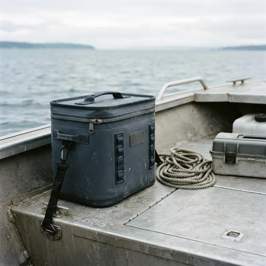 A soft-sided cooler secured on the deck of a small fishing boat