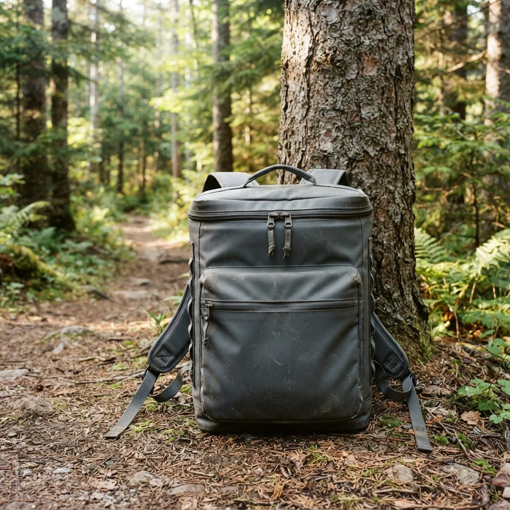 A soft-sided cooler backpack resting against a tree on a wooded trail