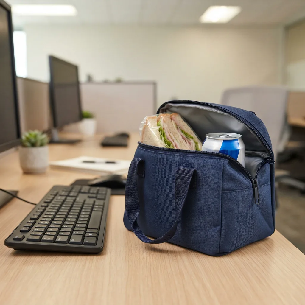 RTIC Ice Lunch Bag resting on a plain office desk beside a keyboard, packed with a sandwich and a drink can.