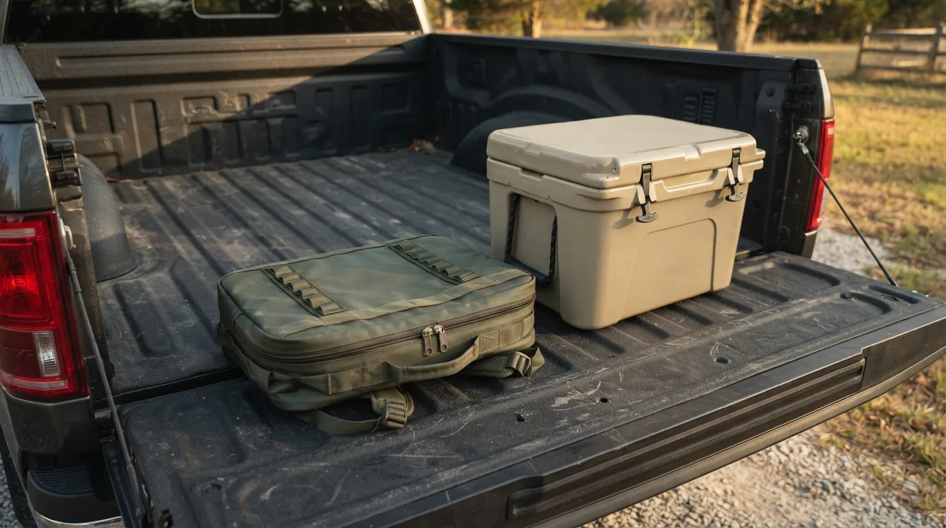 An empty soft-sided cooler folded flat beside a rigid hard cooler in a truck bed