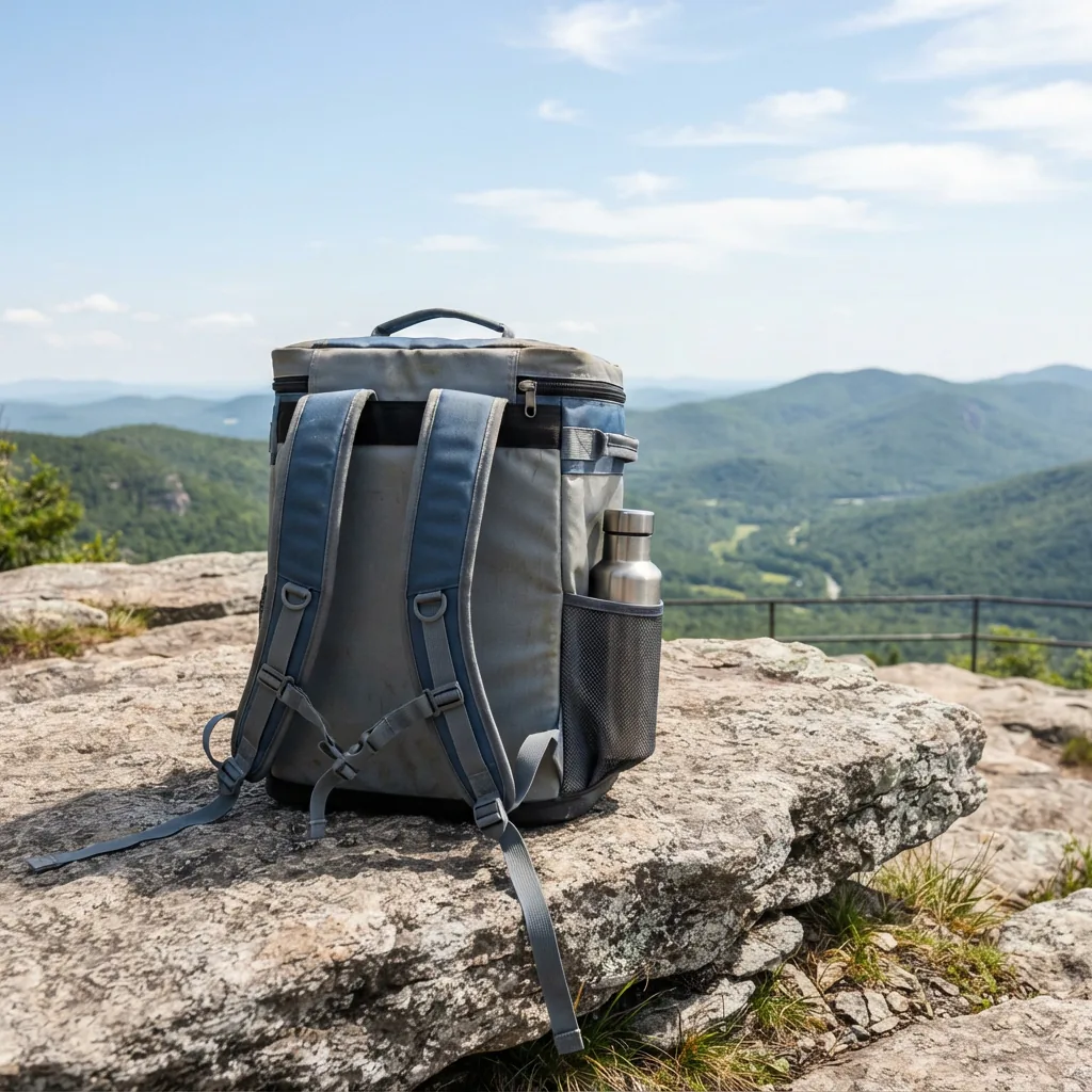 A soft-sided cooler backpack set down on a rocky overlook at midday