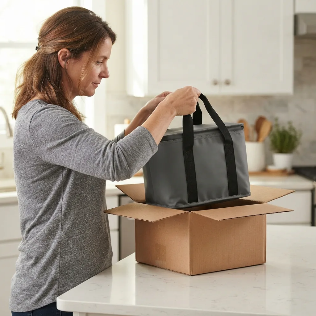 One adult lifting a soft-sided cooler out of an open shipping box on a kitchen counter