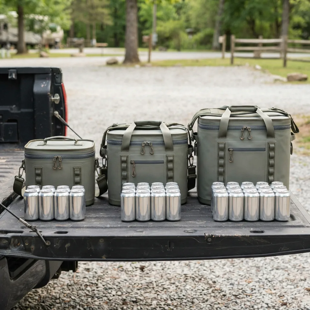 Three soft-sided coolers of different sizes lined up beside loose drink cans on a tailgate
