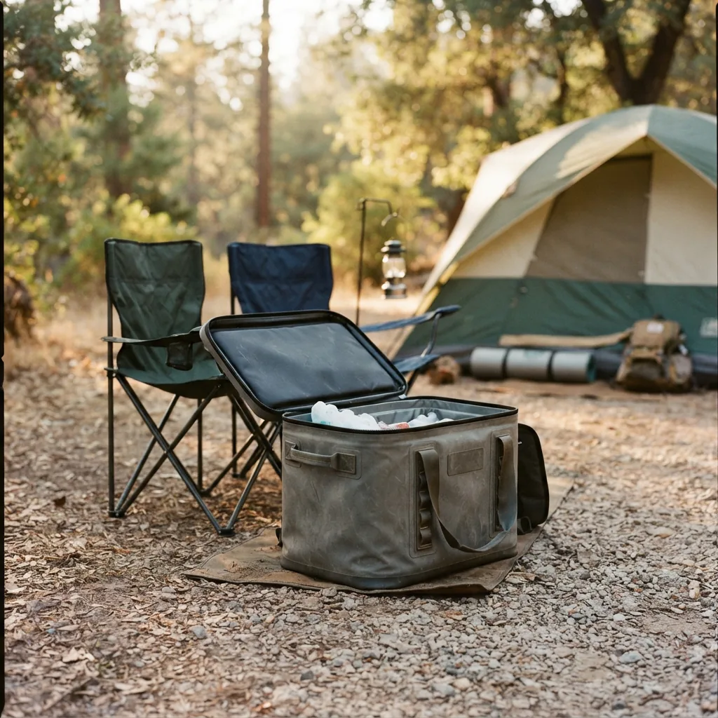 A large soft-sided cooler opened beside folding chairs on a gravel campsite