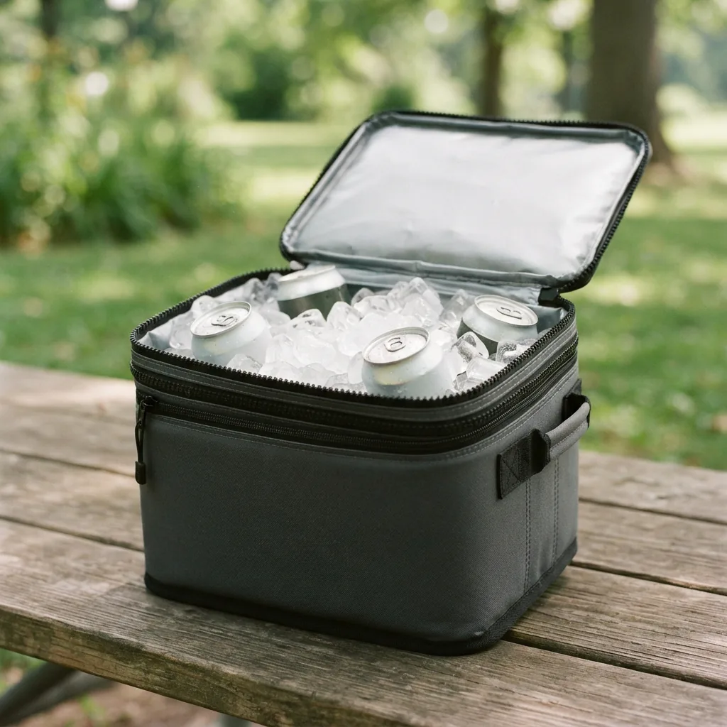 A medium soft-sided cooler open on a picnic table with ice and drink cans inside