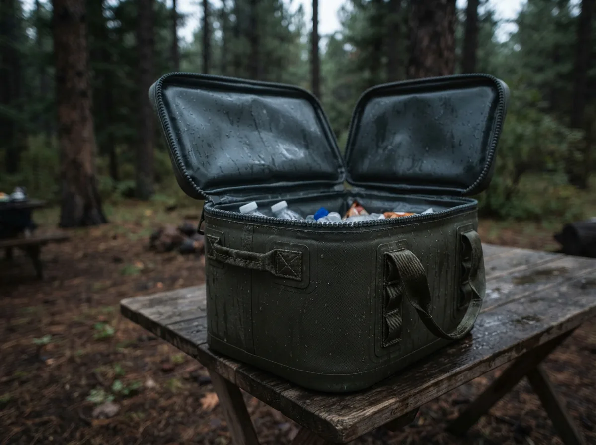 A thick-walled soft-sided cooler on a camp table with the lid folded open
