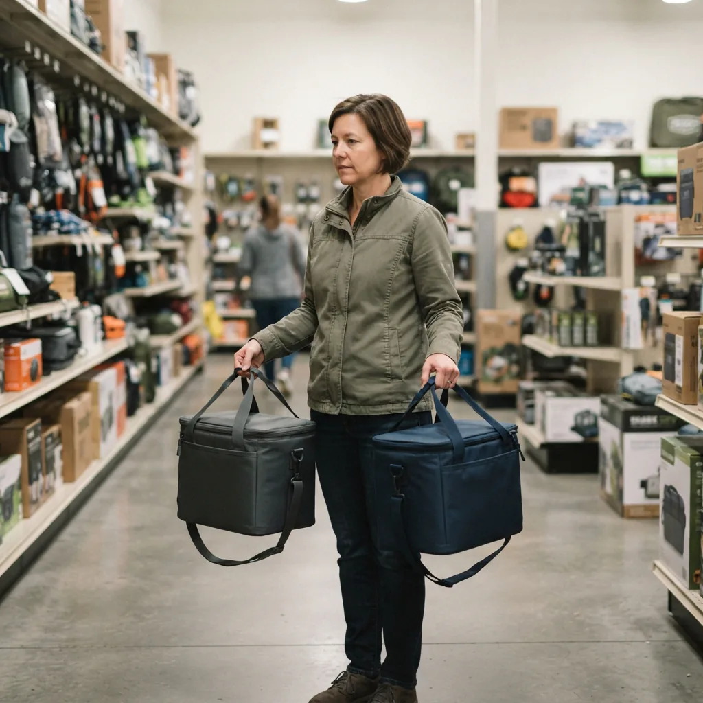One adult in a retail aisle holding two similar-sized soft-sided coolers, one in each hand