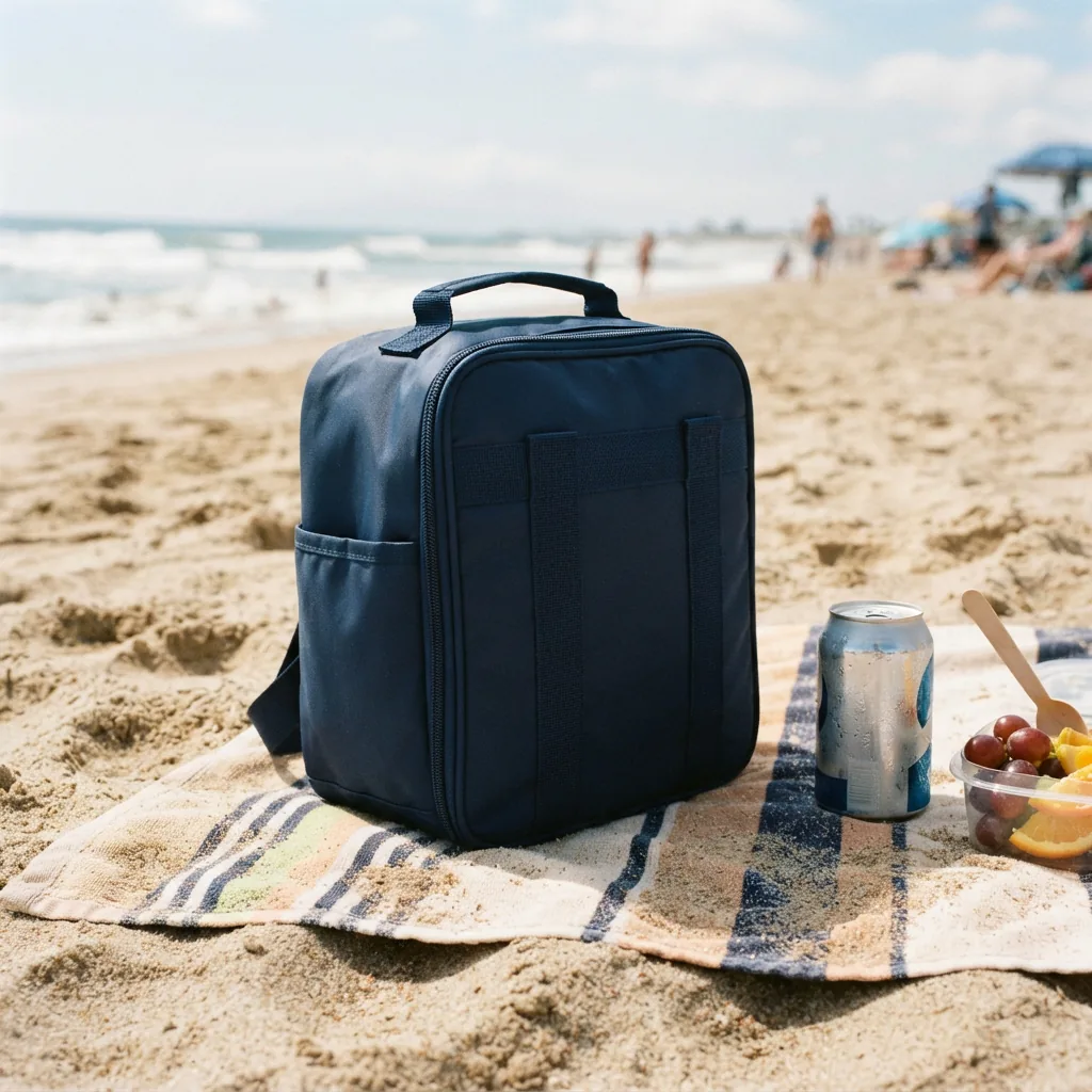RTIC Ice Lunch Bag sitting upright on a sandy beach towel with a drink can and fruit beside it, shoreline blurred behind.