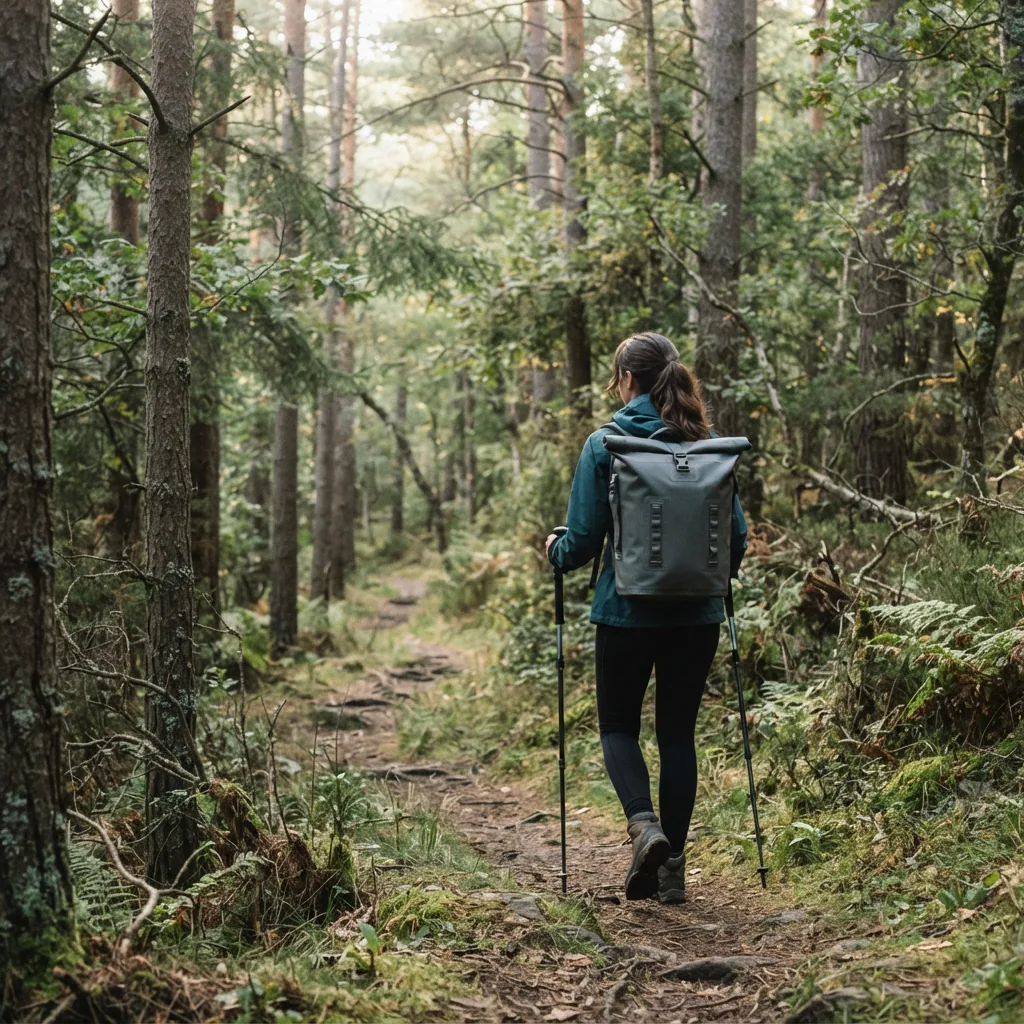 A soft-sided cooler backpack worn on a narrow forest trail at mid-morning