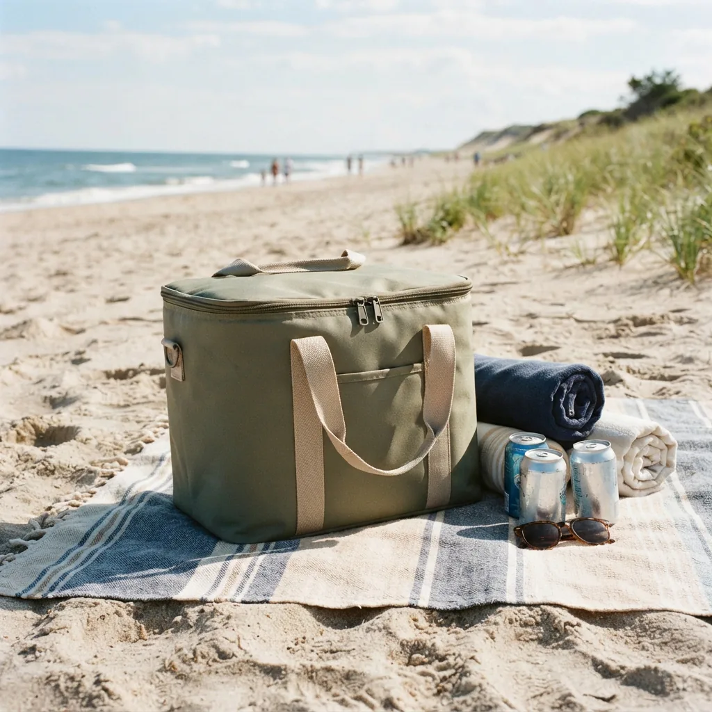 A soft-sided cooler tote set on a beach blanket next to towels and drink cans