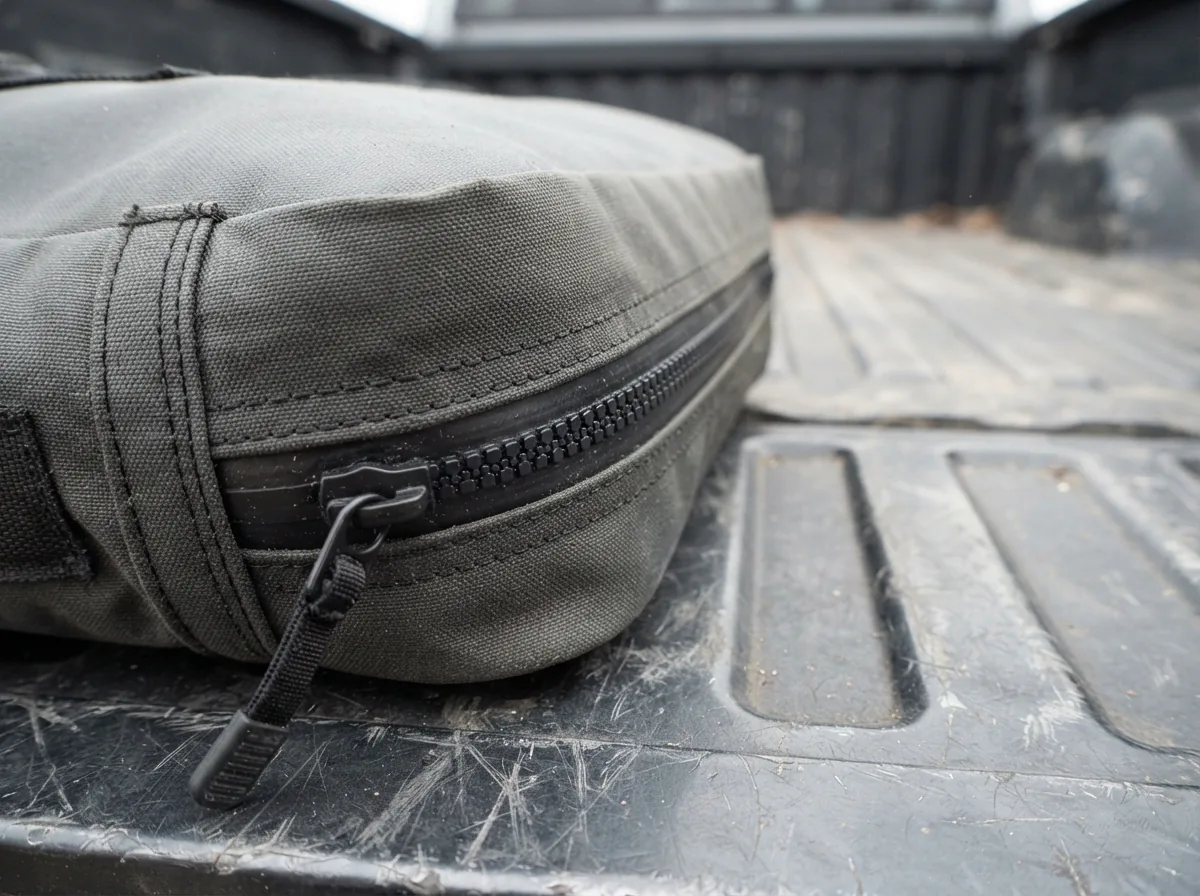 A close view of the sealed zipper and stitched seam along a soft-sided cooler