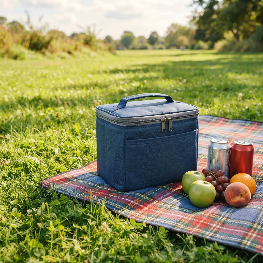 A compact soft-sided cooler on a blanket beside fruit and drink cans