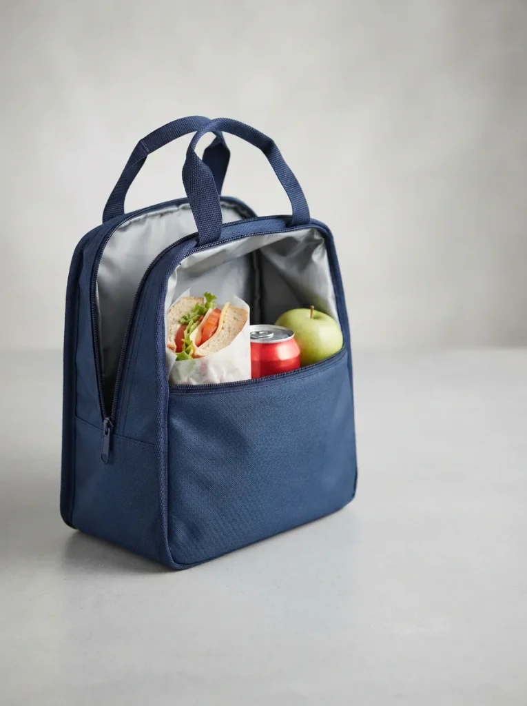 RTIC Ice Lunch Bag standing upright and slightly open with a sandwich, drink can and fruit inside on a light background.