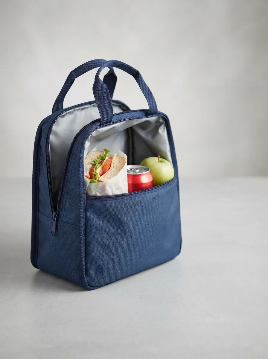 RTIC Ice Lunch Bag standing upright and slightly open with a sandwich, drink can and fruit inside on a light background.