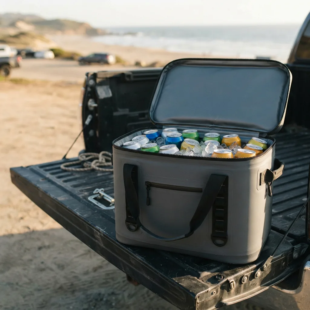 A large soft-sided cooler filled with cans on an open truck tailgate