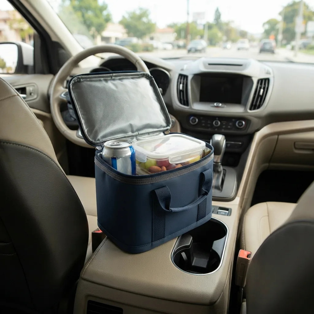 RTIC Ice Lunch Bag open on a car console between the seats, holding a drink can and a snack container.