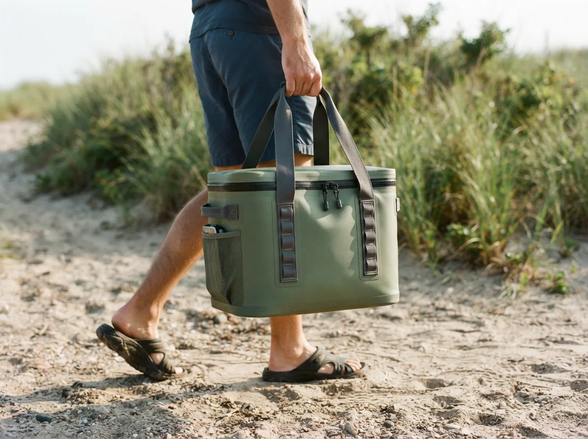A soft-sided cooler tote carried by its handles across a sandy parking lot