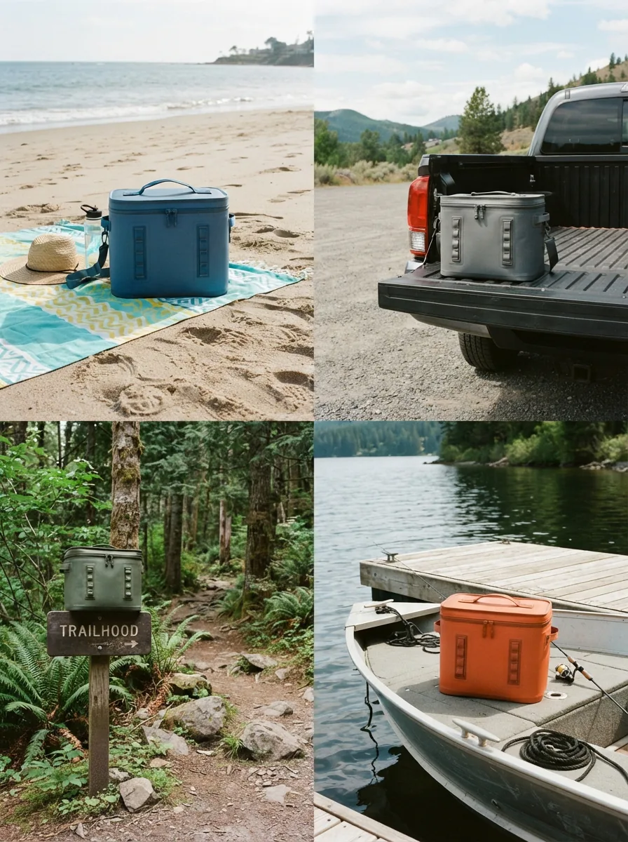 Soft-sided coolers shown in four settings: a beach blanket, a trailhead, a tailgate and a boat deck