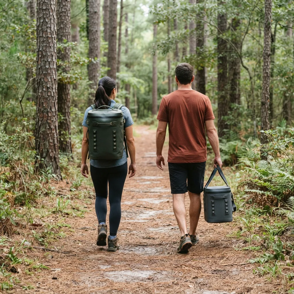 Two adults walking away on a trail, one wearing a soft cooler backpack and one carrying a soft cooler tote