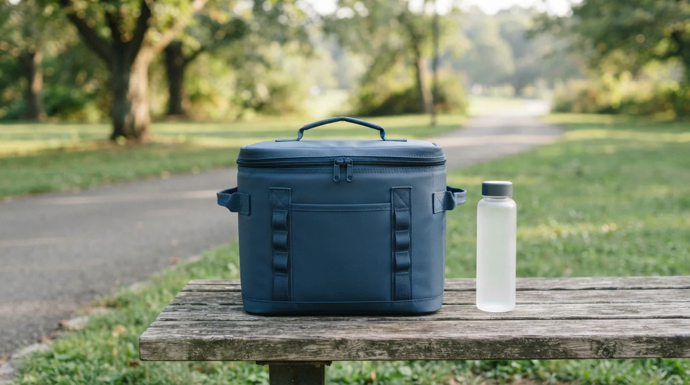 A mid-size soft-sided cooler sitting on a park bench next to a water bottle