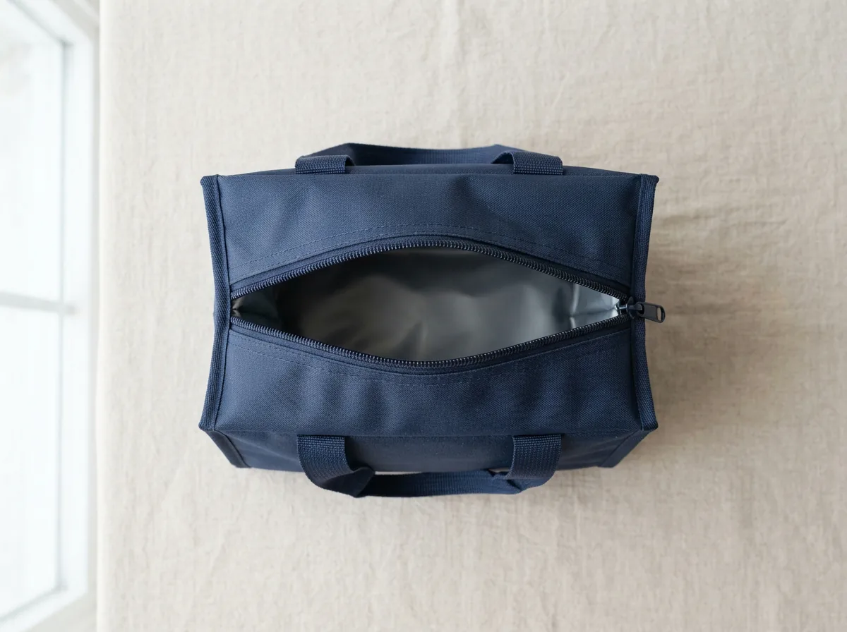 RTIC Ice Lunch Bag lying folded flat on a neutral surface with its zip opening parted to show the waterproof interior lining.