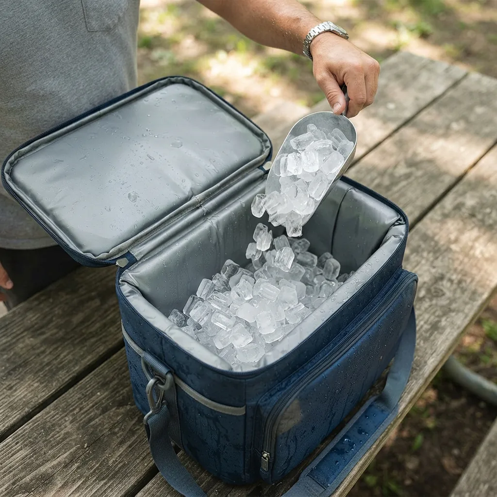 An adult hand pouring ice cubes into the open zippered compartment of a soft-sided cooler on a table