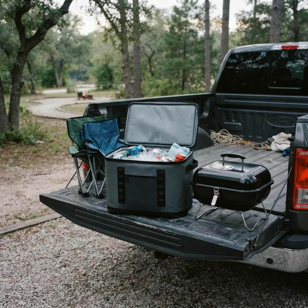 A large soft-sided cooler open on a tailgate beside folding chairs and a grill