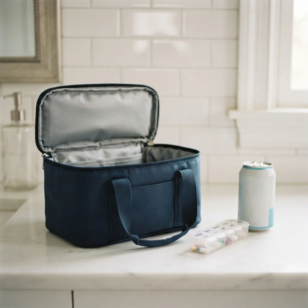 RTIC Ice Lunch Bag open on a bathroom counter beside a small pill organizer and plain white tiles.