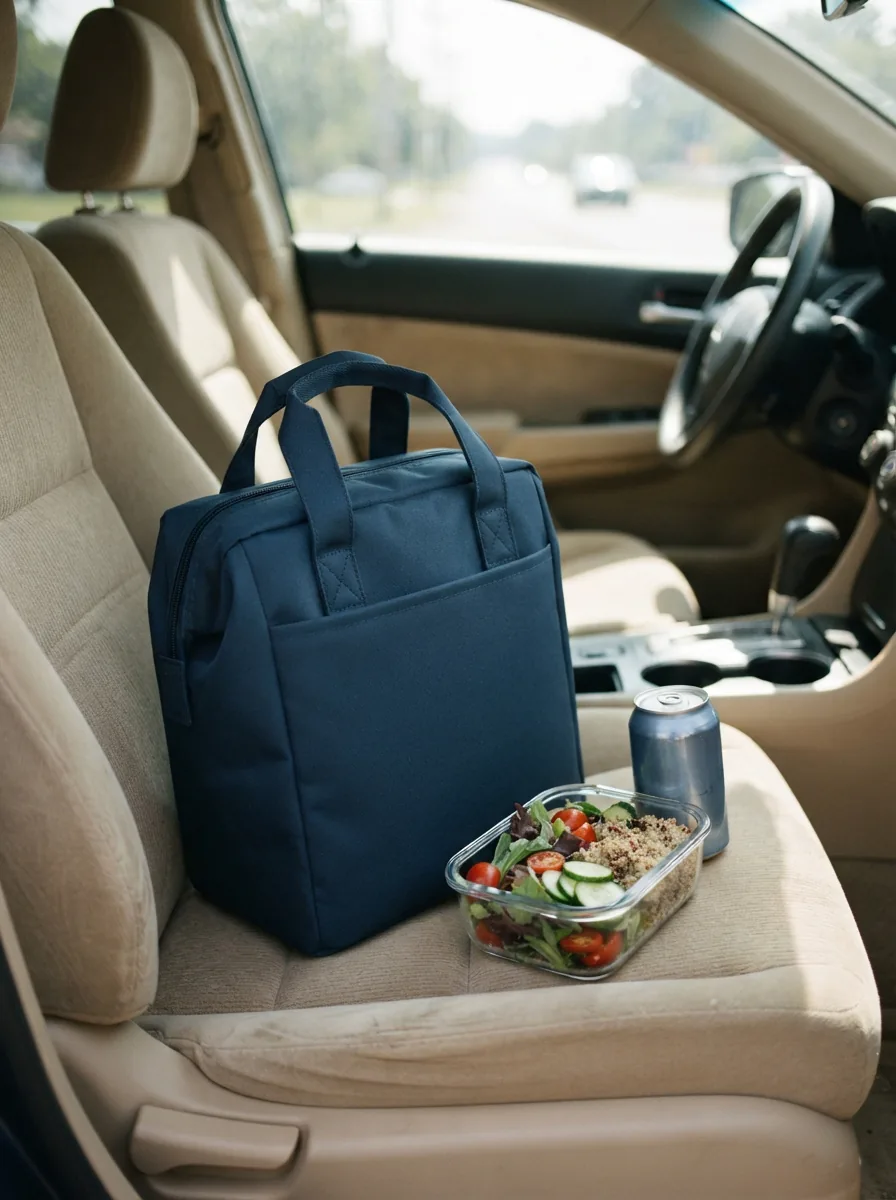 RTIC Ice Lunch Bag sitting upright on a car passenger seat beside a packed lunch during a daytime road trip.