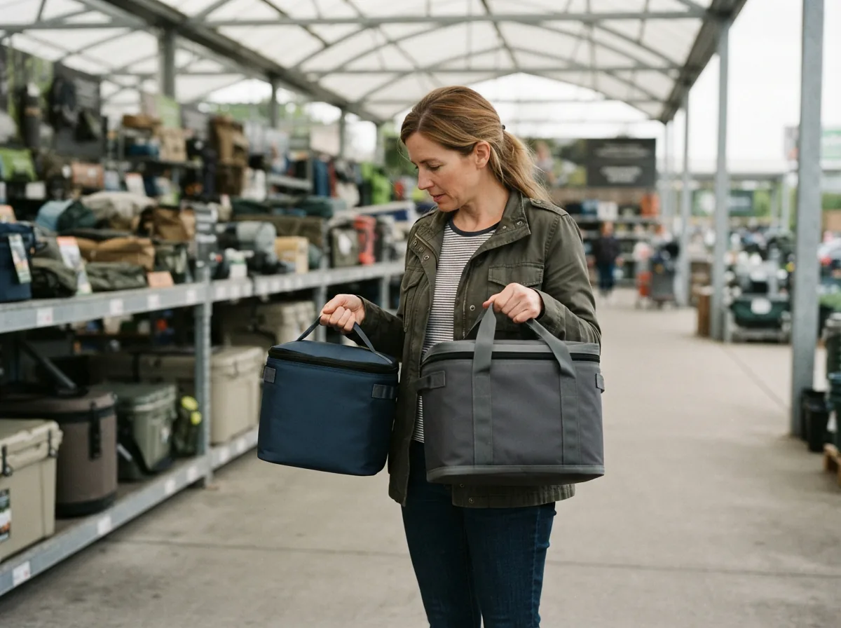 A shopper comparing two soft-sided coolers at waist height in a retail aisle