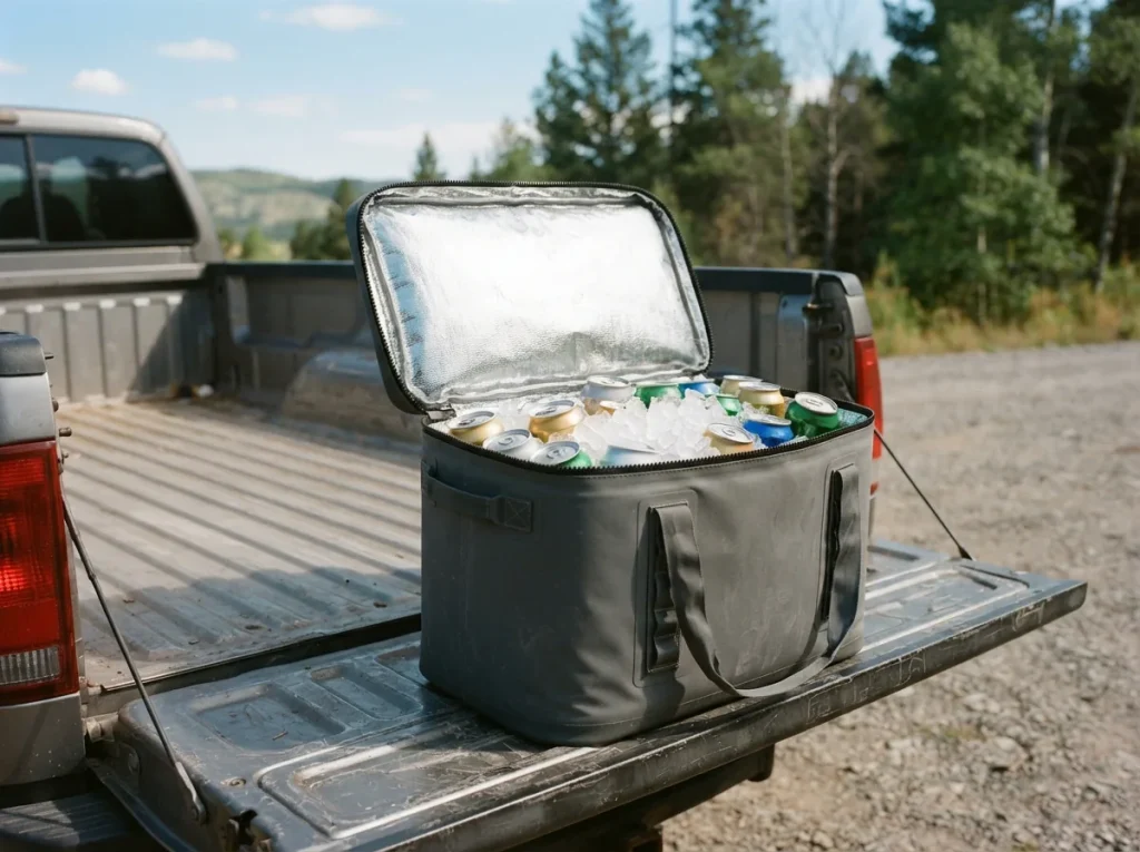 A large soft-sided cooler sitting open on a truck tailgate with ice and drink cans inside