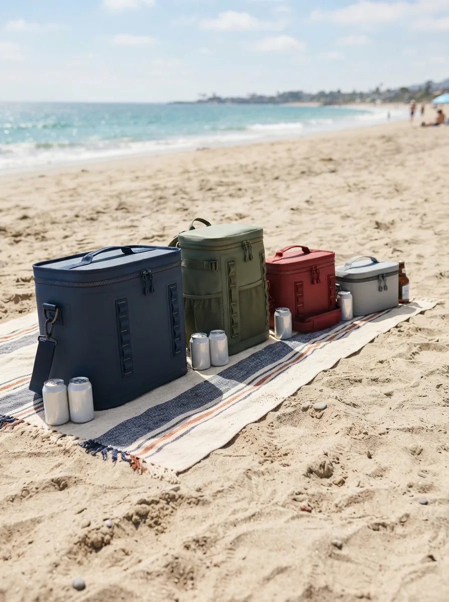 Four soft-sided coolers in small, medium and large sizes arranged on a beach blanket with loose drink cans beside them
