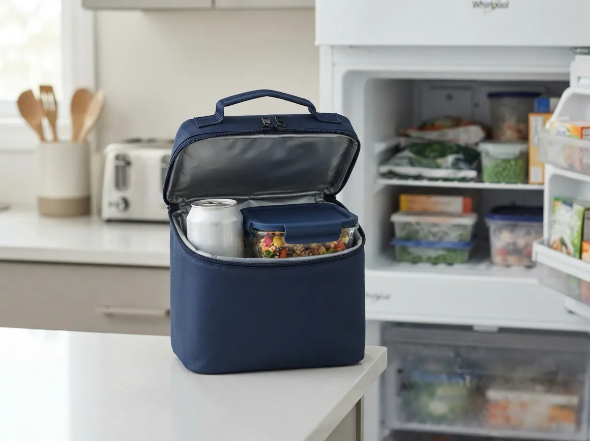 RTIC Ice Lunch Bag packed with a drink can and small food container on a kitchen counter beside a freezer.