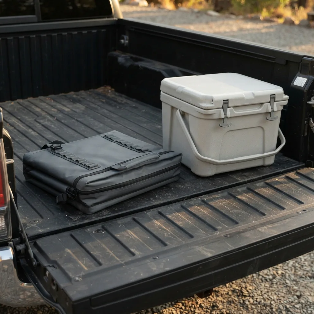 An empty soft-sided cooler folded flat next to a rigid hard cooler in a truck bed